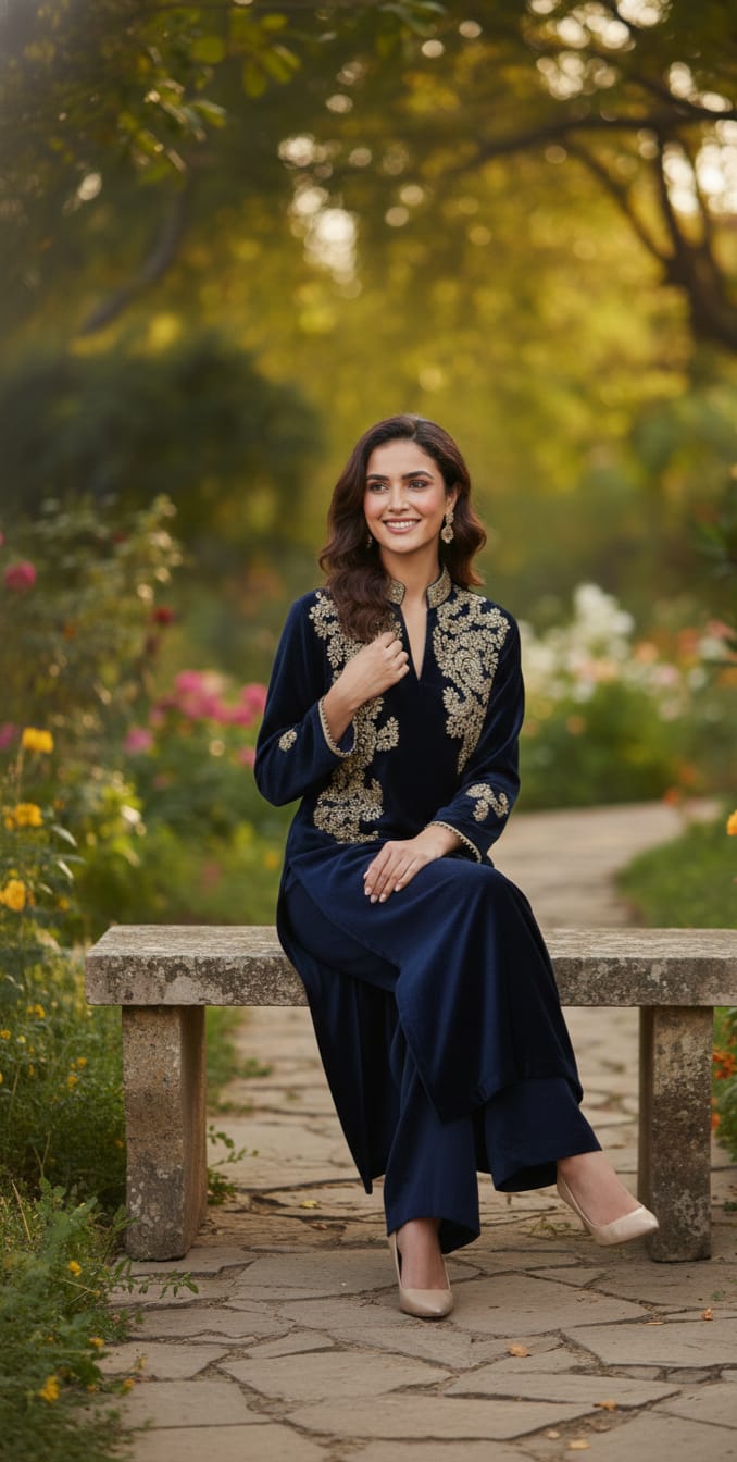 Blue velvet suit with luxurious feel – Aarya Collection, Ajax